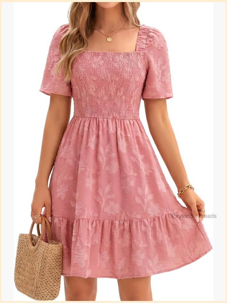 Women's Floral Short Sleeve Summer Dress Square Neck Flow Ruffle Boho Sundress